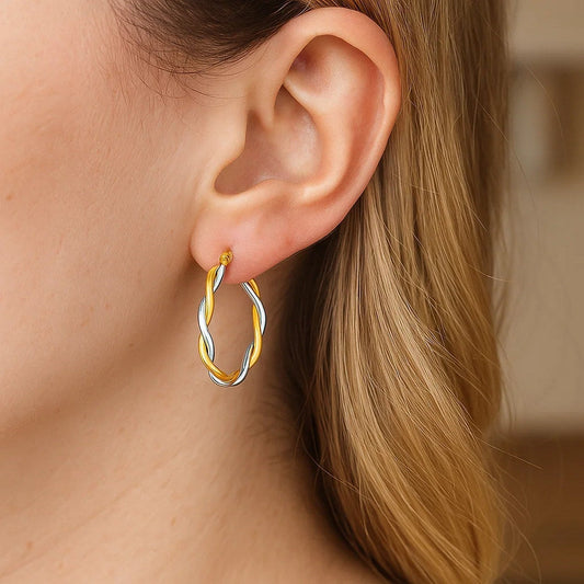 Two - Tone Twisted Wire Round Hoop Earrings in 10k Yellow and White Gold(3x20mm) - FTH DIAMOND
